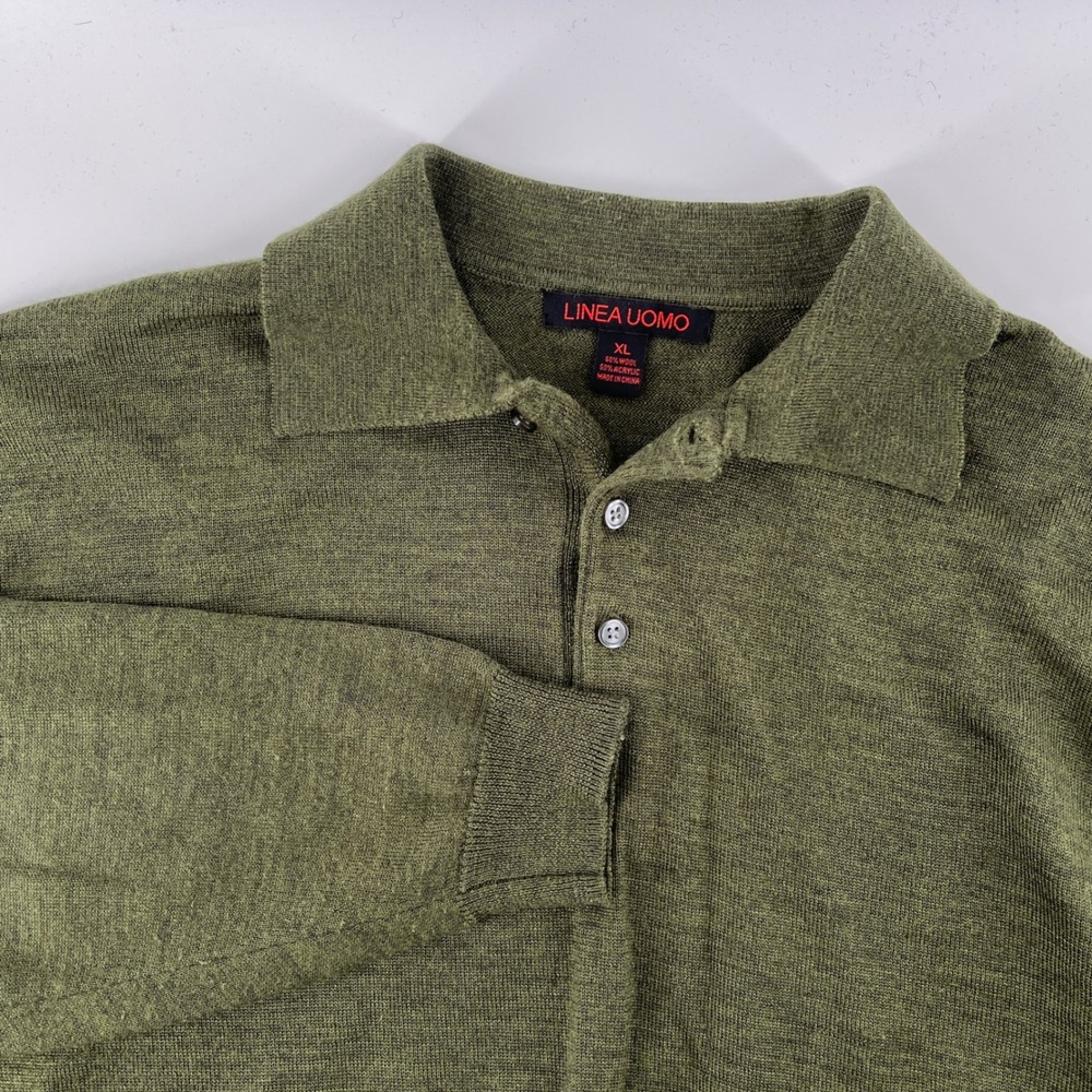 Linea Uomo. Polo Sweater, Mens, XL, Olive Green, Wool Blend Knit Long Sleeve